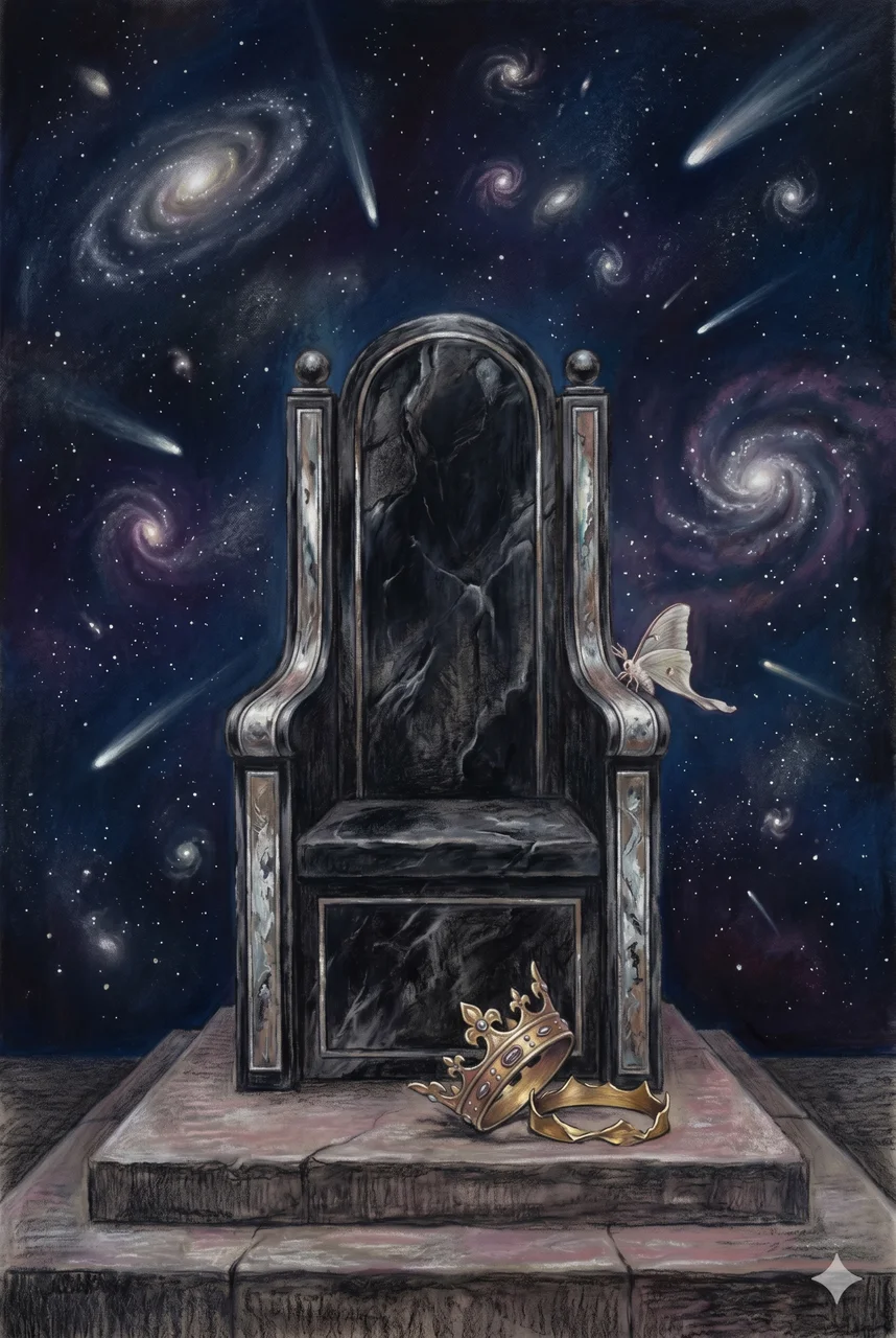 An ancient throne set against a starfield, an empty crown resting at its foot
