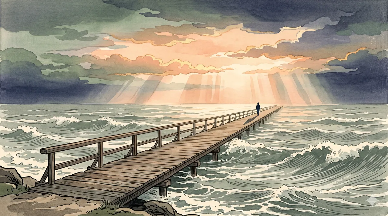 A footbridge stretching across turbulent water toward a sunlit horizon, with a small figure walking steadily forward