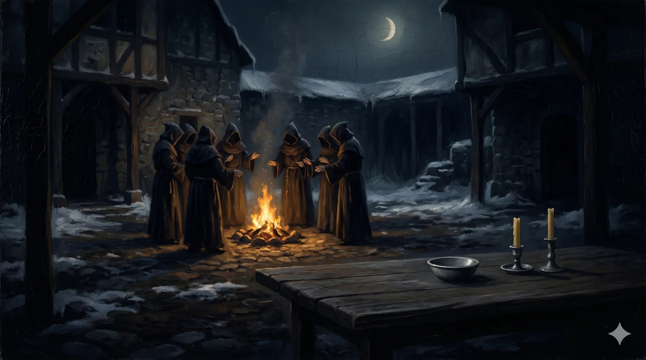 Shadowy figures in robes gathered around a bonfire beneath a pale crescent moon, an empty ceremonial table in the foreground