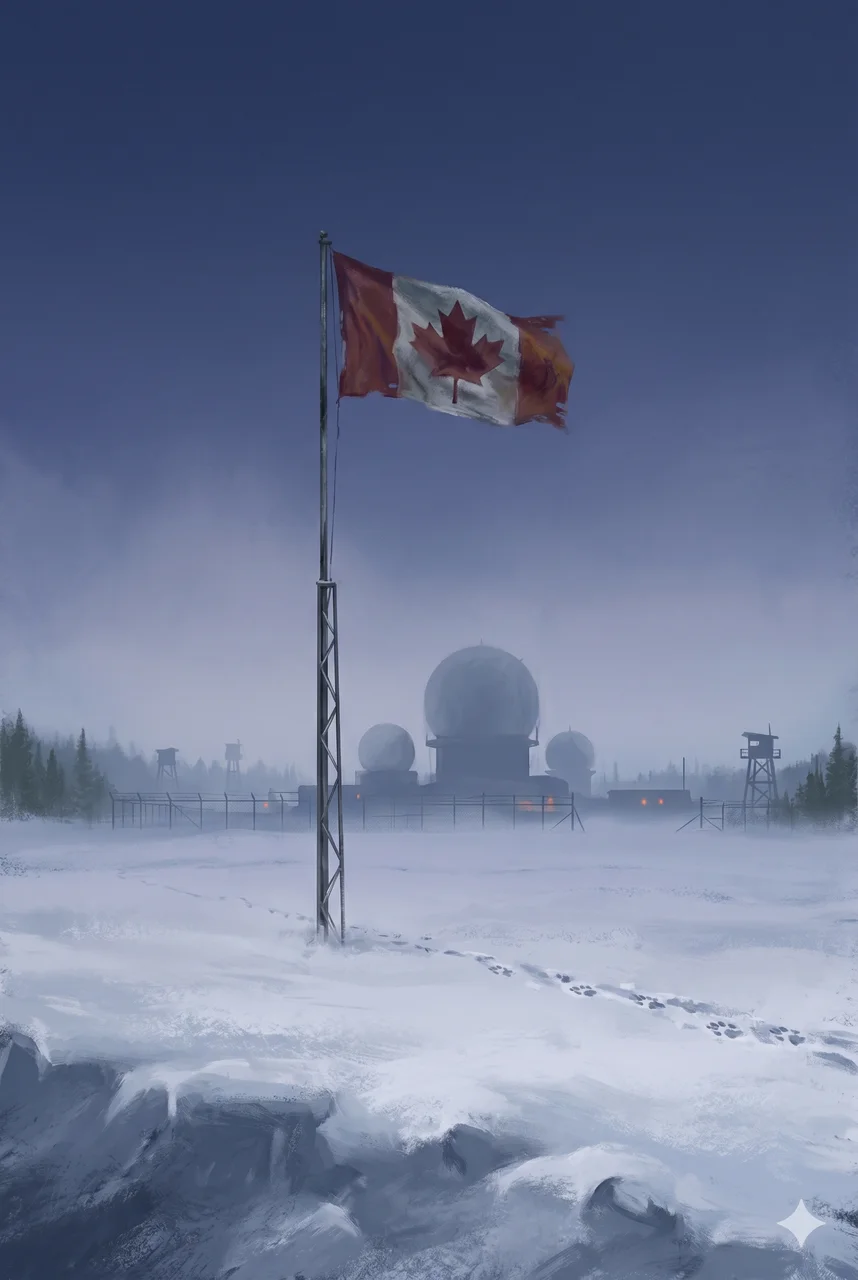 A fogged Canadian maple leaf flag over a snowy border landscape, with faint silhouettes of military installations along the horizon