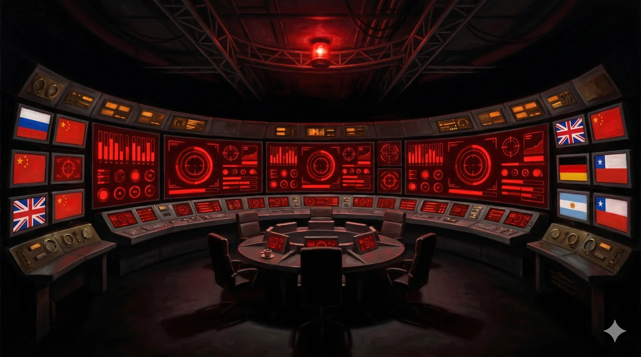 A darkened Pentagon situation room with every monitor displaying 'DEFCON 1' in red, cascading to identical screens showing the flags of Russia, China, the UK, Germany, Argentina and Chile