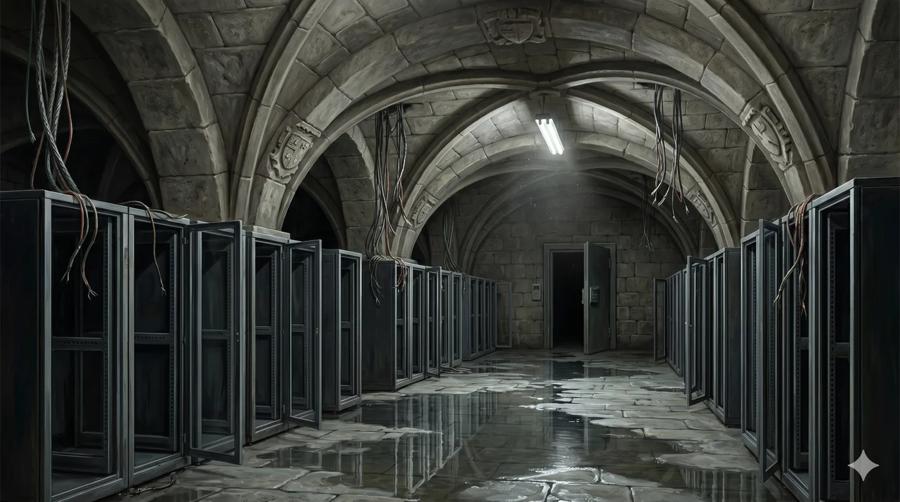 A vaulted stone chamber beneath a classical courthouse, rows of humming black server cabinets replaced by empty racks with cables dangling
