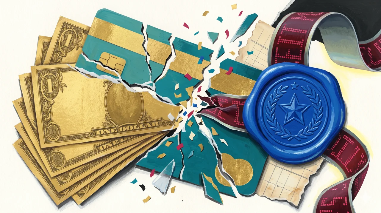 A stack of gold-colored currency notes labeled 'Trump Bucks' sliding through a cracked American Express card into a glowing stock ticker, intercepted by a blue GIA seal blocking the flow