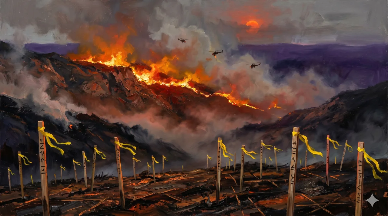 A line of wildfire advancing across a hillside at dusk, with helicopters circling overhead and survey markers planted in the scorched foreground