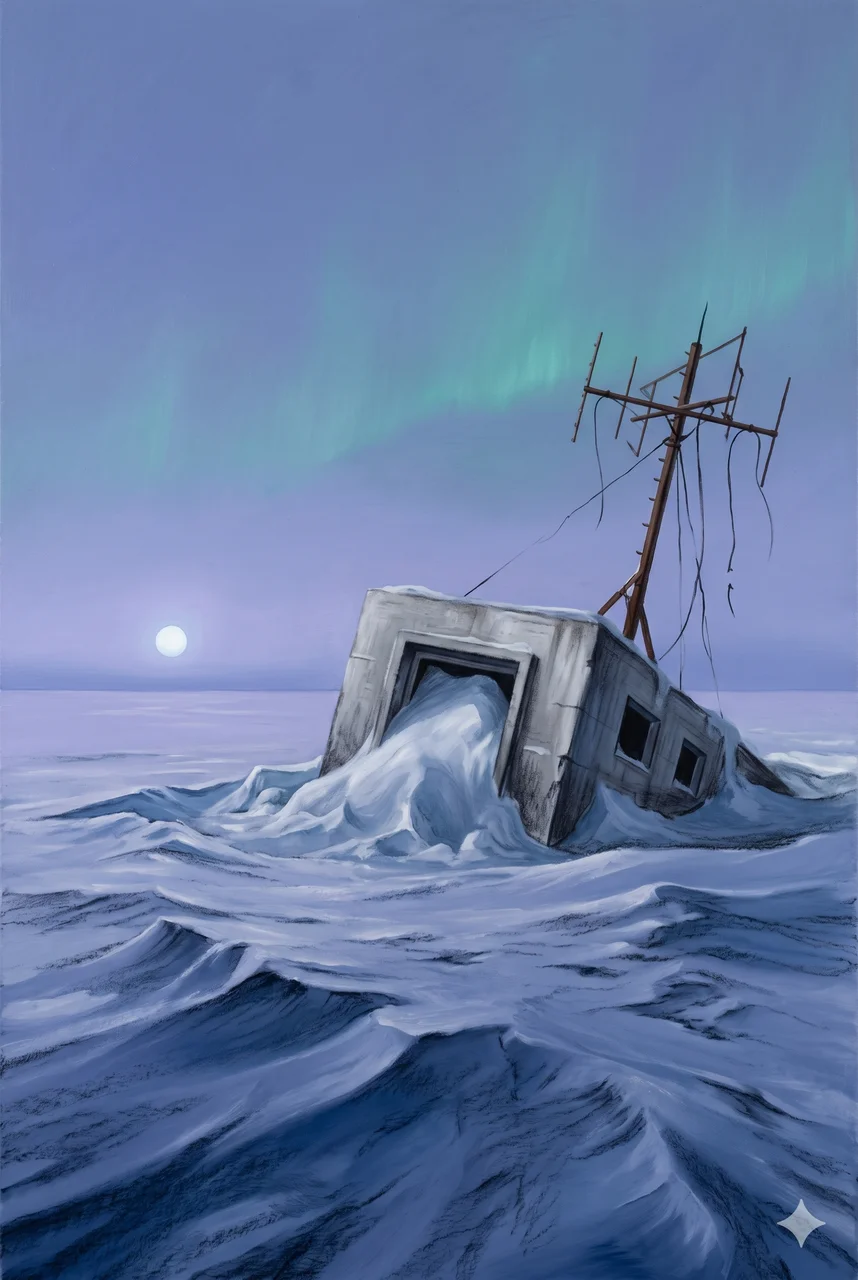 A snow-covered coastline at twilight with a disused concrete bunker half-buried in ice and a cold pale sun on the horizon