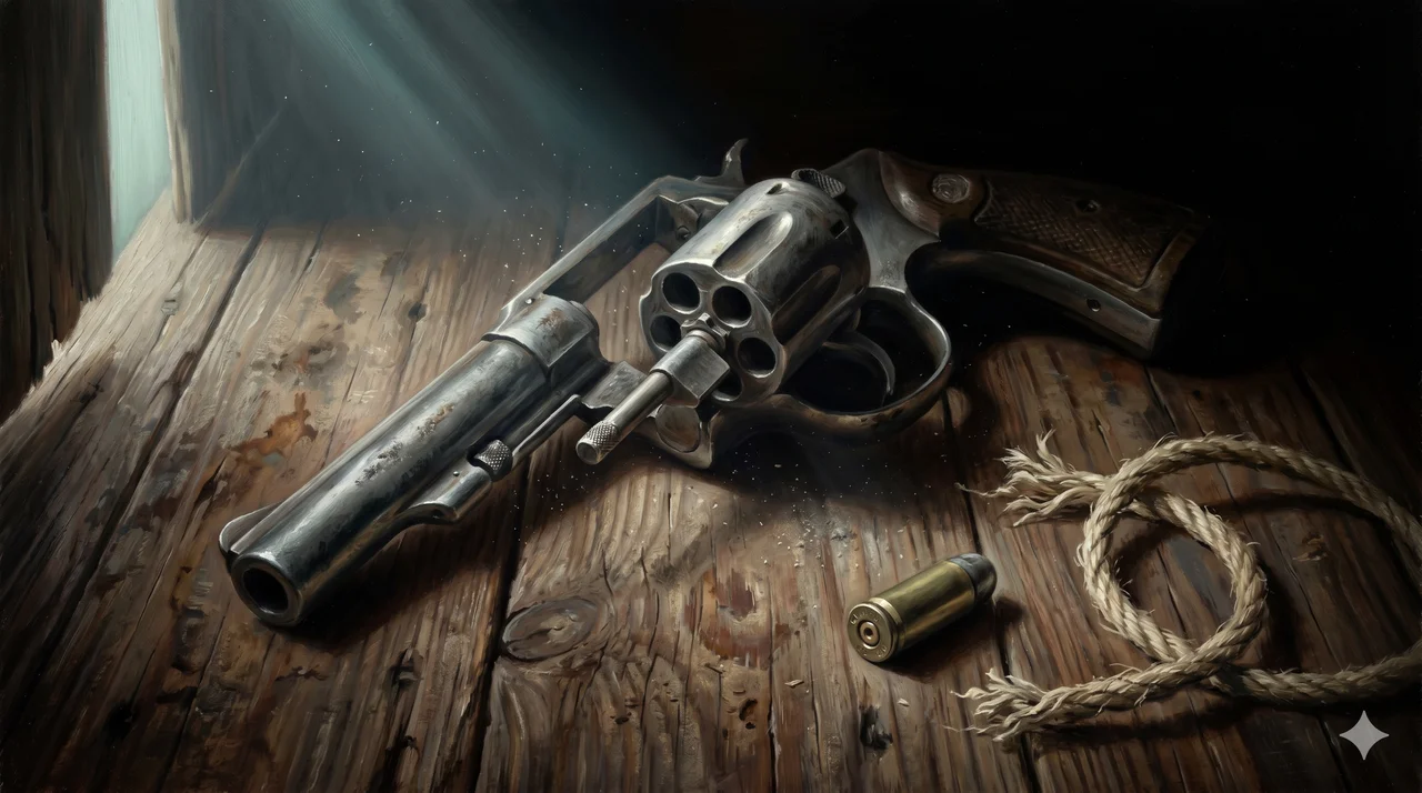 A revolver lying on a weathered wooden table with its cylinder swung open to reveal empty chambers, viewed from above