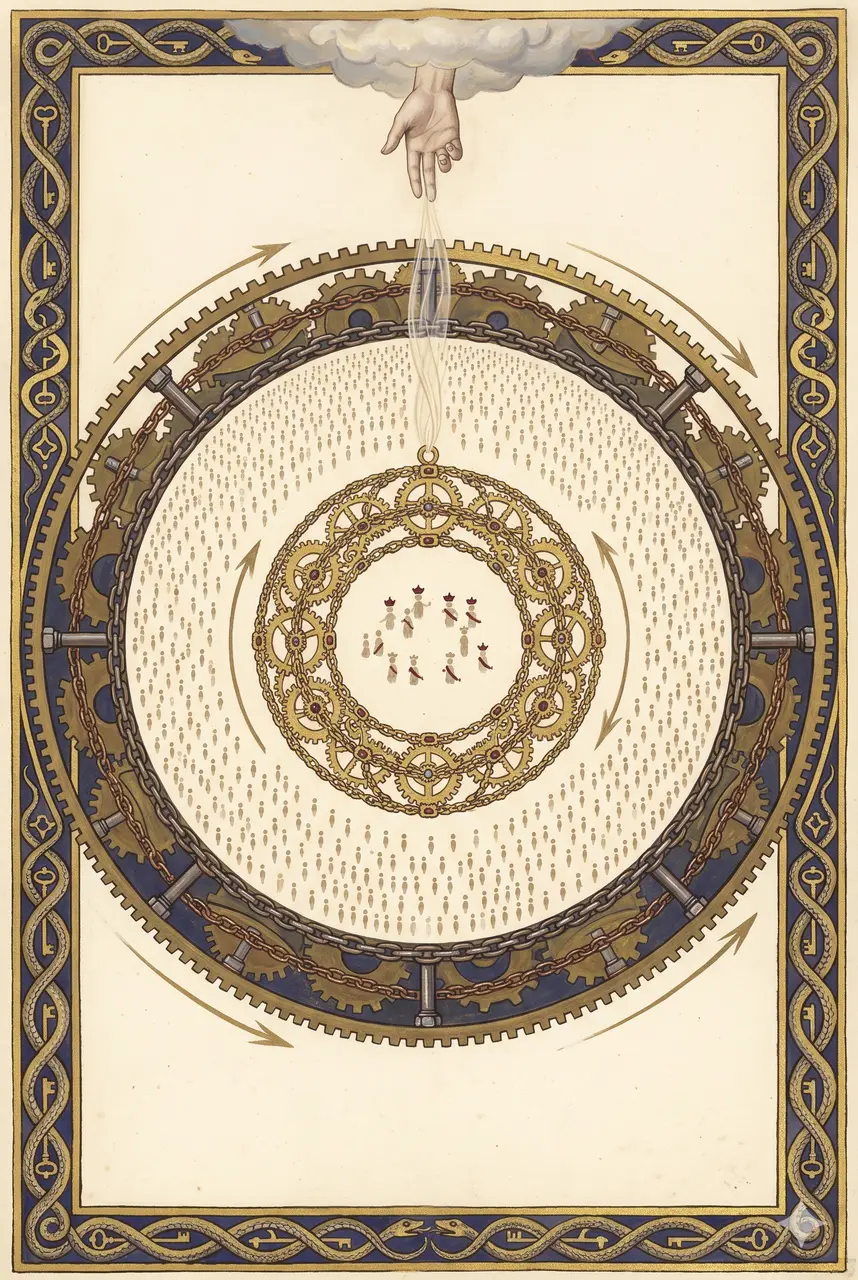 A stylized double-layered lattice of gears and chains, with a small elite cadre caged inside the inner layer and the larger public outside