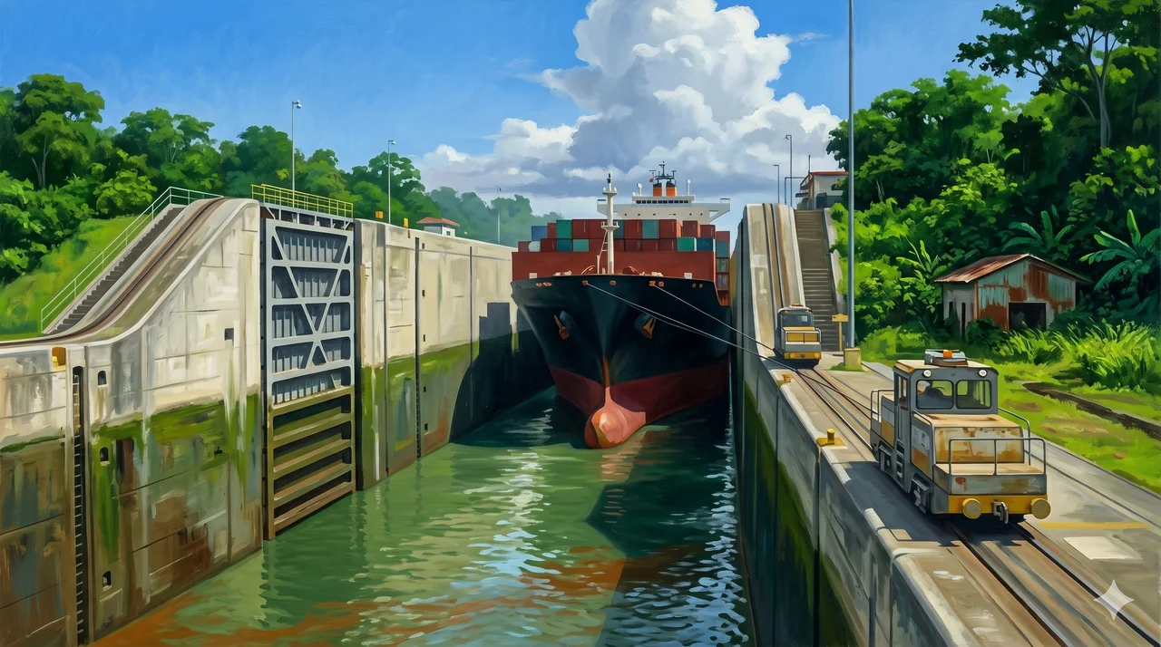 A cargo ship passing through narrow lock gates of the Panama Canal with century-old concrete walls and tropical foliage on either side