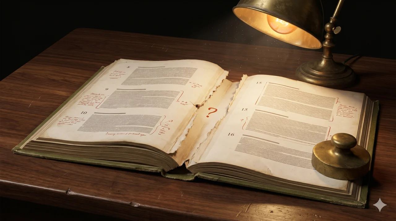 An old clothbound operations manual lying open with several center pages visibly missing, margin marginalia in red ink