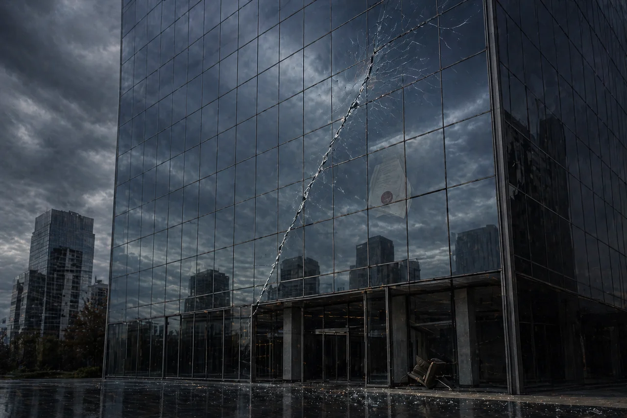 An austere glass-and-steel skyscraper with a subtle hairline crack running up one face, reflecting a dim bankruptcy filing document
