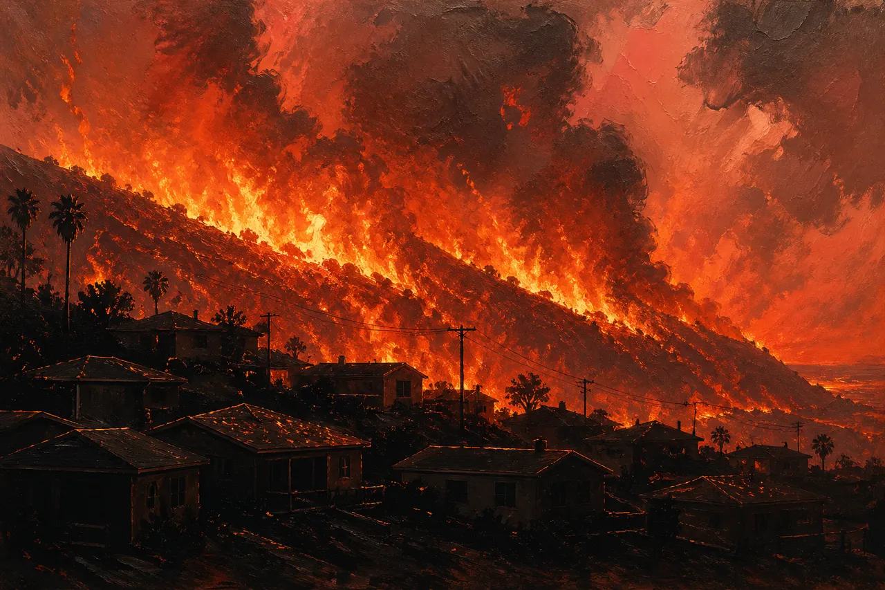 A hillside of California homes silhouetted against roaring flames and an orange smoke-laden sky