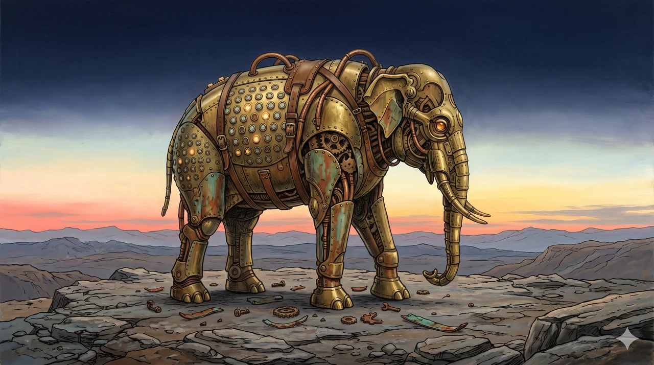 A weathered mechanical animal crumbling at the edges, its once-bright lights flickering out one by one against a dawning horizon