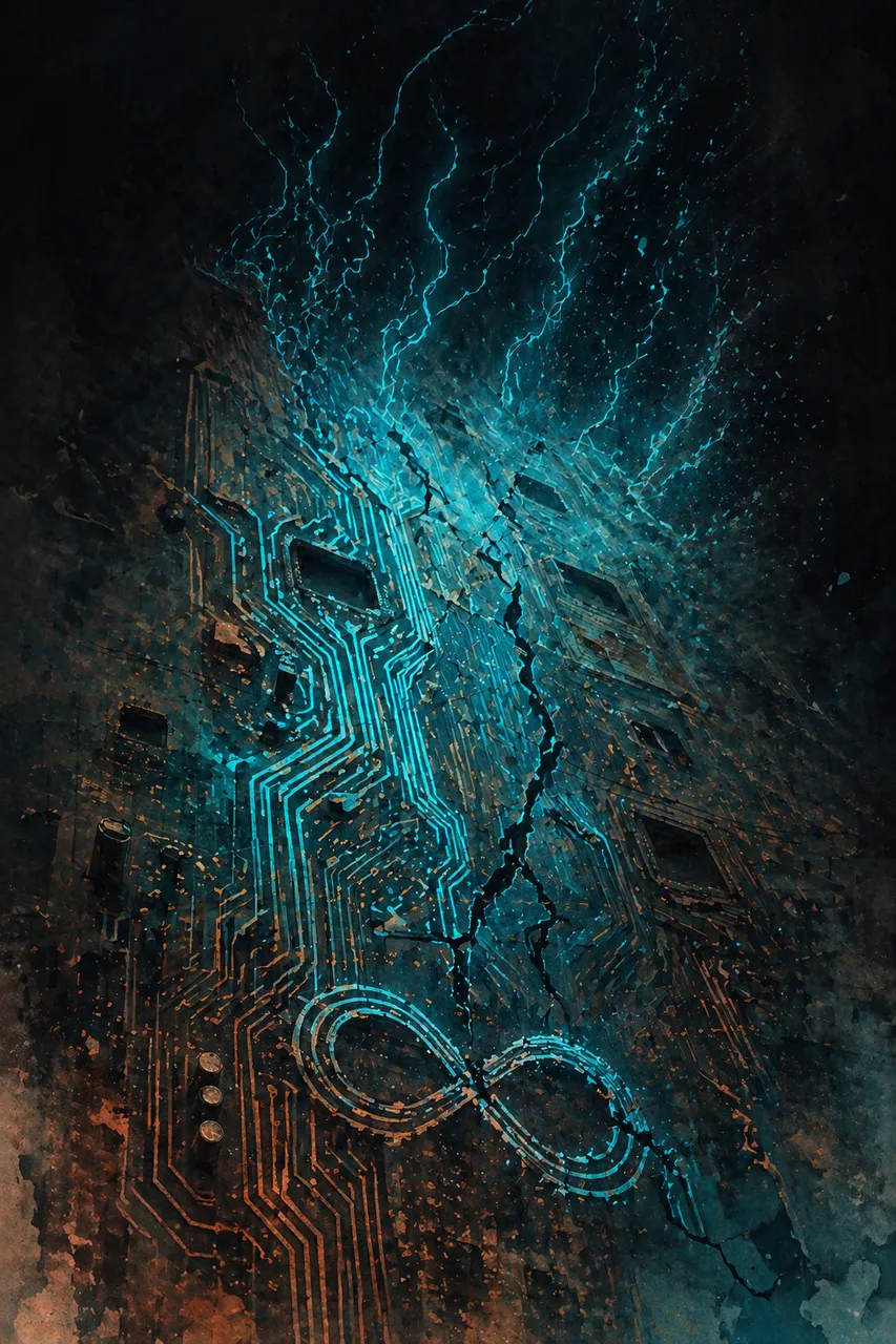 A cracked neon-blue circuit board slowly fading to dim gray, tendrils of light dissipating into empty space