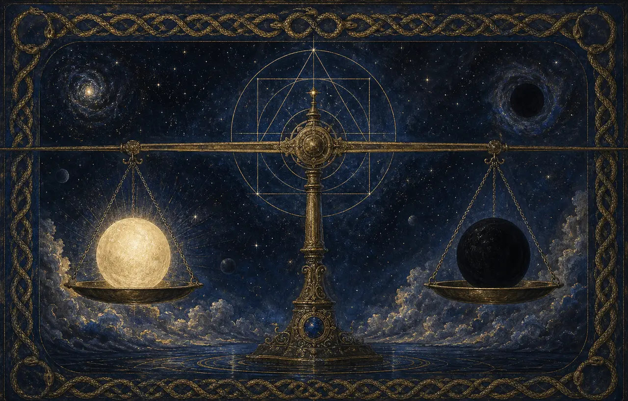 An ancient pair of brass scales suspended in a starfield, one pan holding a glowing light orb and the other a dark orb, the beam perfectly level and stretching out to the horizon