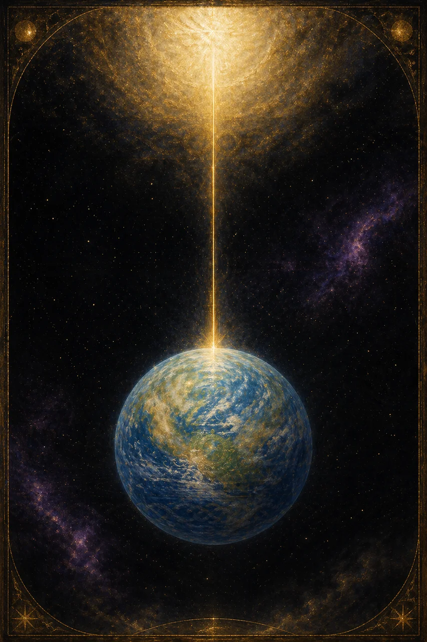 A sovereign planet floating unencumbered in clear starlight, with a bright unbroken thread of gold light connecting it directly upward to a single point of brilliance without any intermediary gears or scales