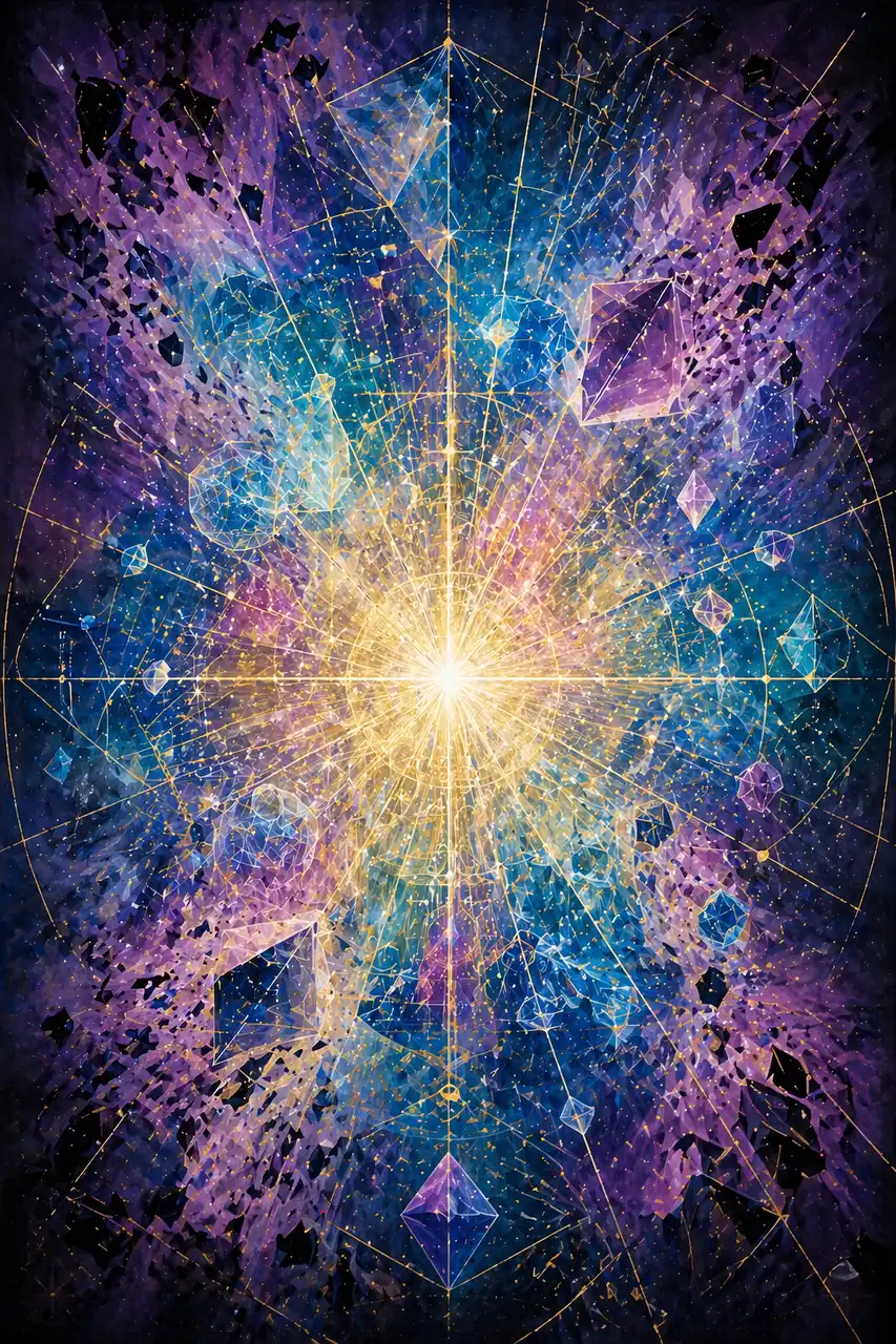 A luminous geometric lattice unfurling outward from a central point, strands of light actively weaving new crystalline structures into empty space, with older broken dark structures being rewritten and absorbed at the edges
