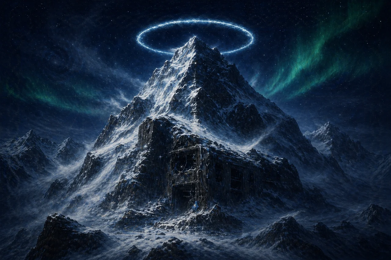 A snowbound mountain summit at night with a cold ring of pale light hanging above it and the faint outline of a ruined command chamber embedded in the rock face below