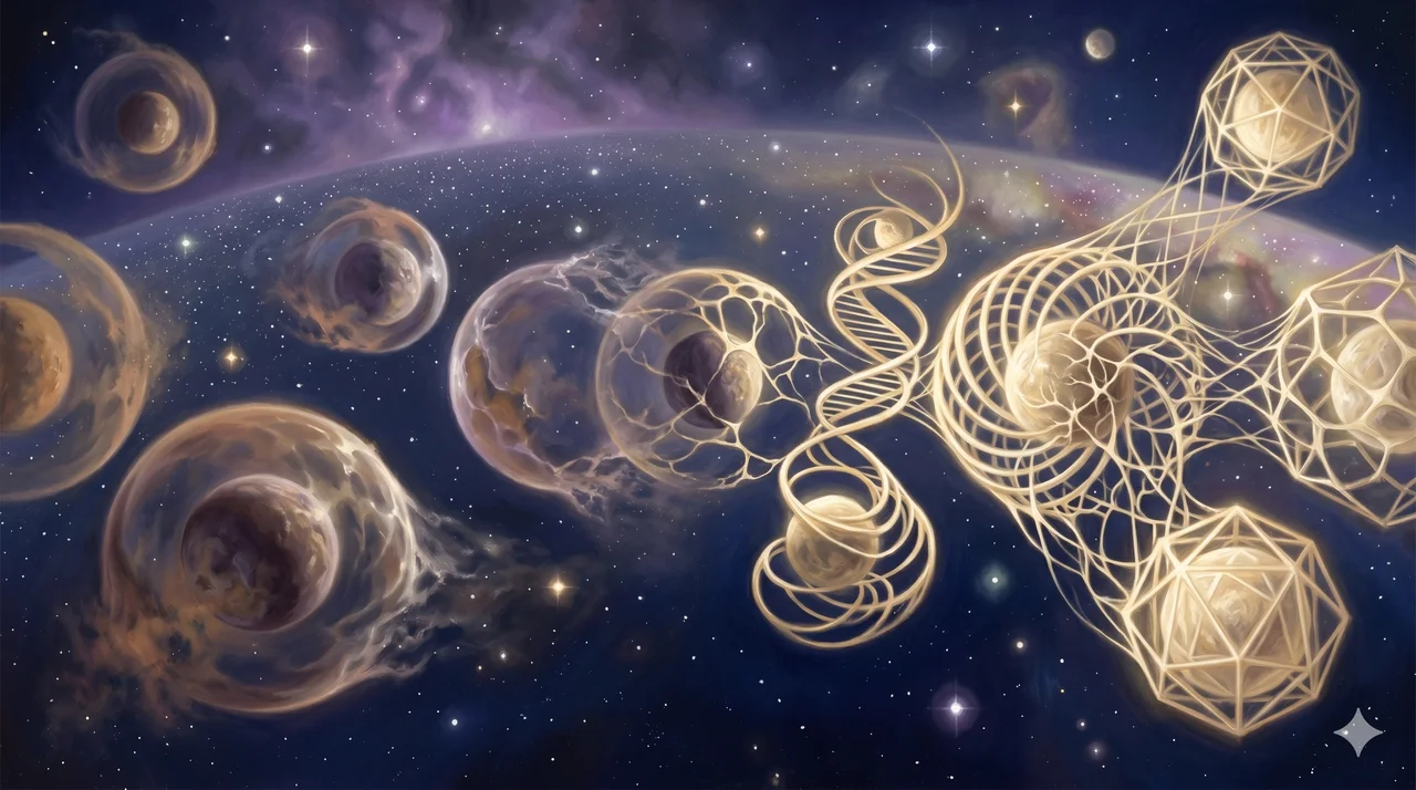 A galactic-scale view showing old dim energetic spheres around planets and stars dissolving while new luminous golden structures weave themselves into place across the same cosmic field
