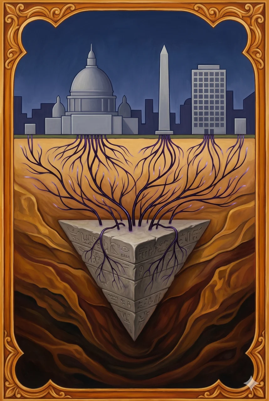 A cross-section view showing an inverted stone tetrahedron buried point-down beneath a stylized city skyline, faint dark filaments reaching up from the apex toward surface monuments above