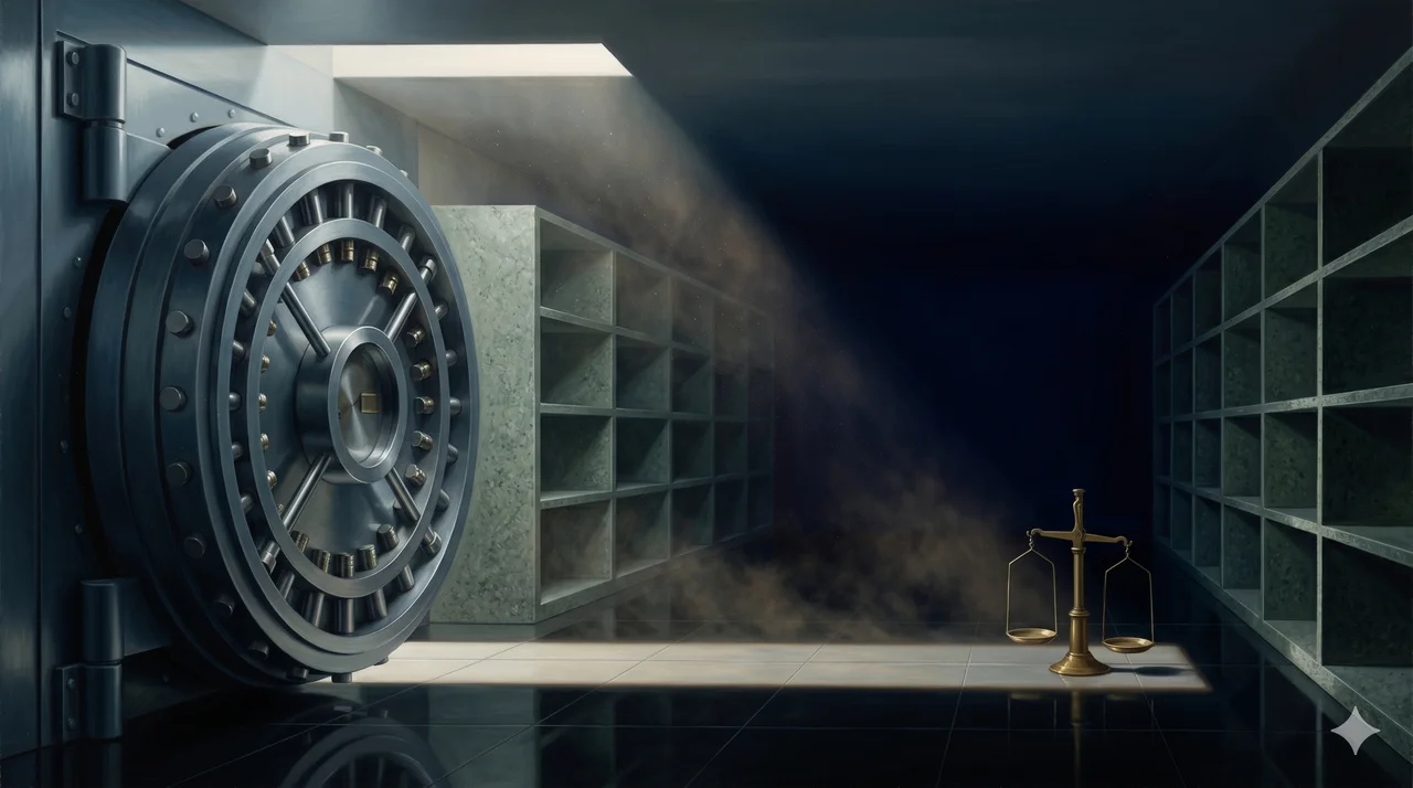 An empty bank vault at dusk with its heavy door standing open and no gold or currency inside, a single shaft of cold light falling across the polished floor