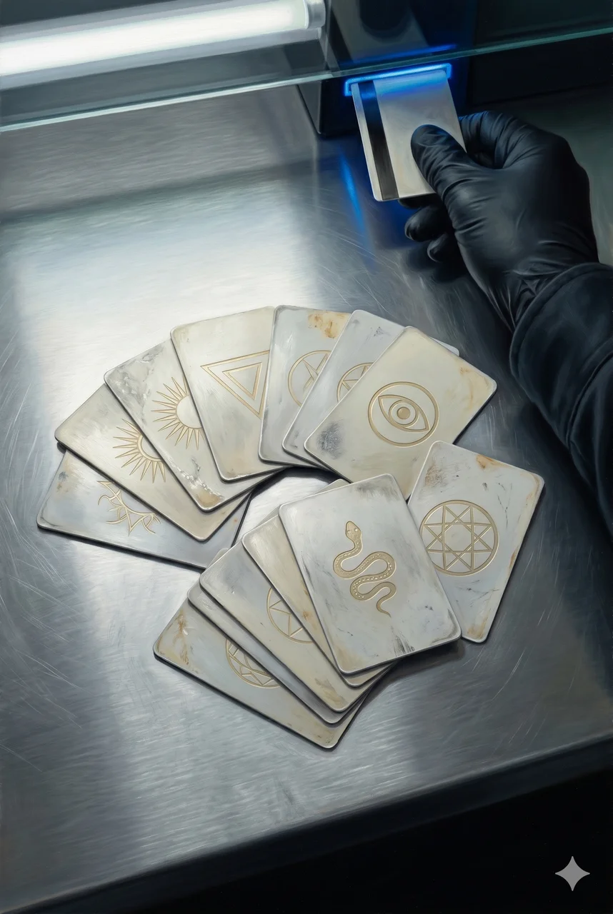 A fanned-out spread of worn plastic access cards resembling credit cards on a cold metal desk, each card faintly etched with different ancient sigils, a gloved hand holding one of them up to a reader