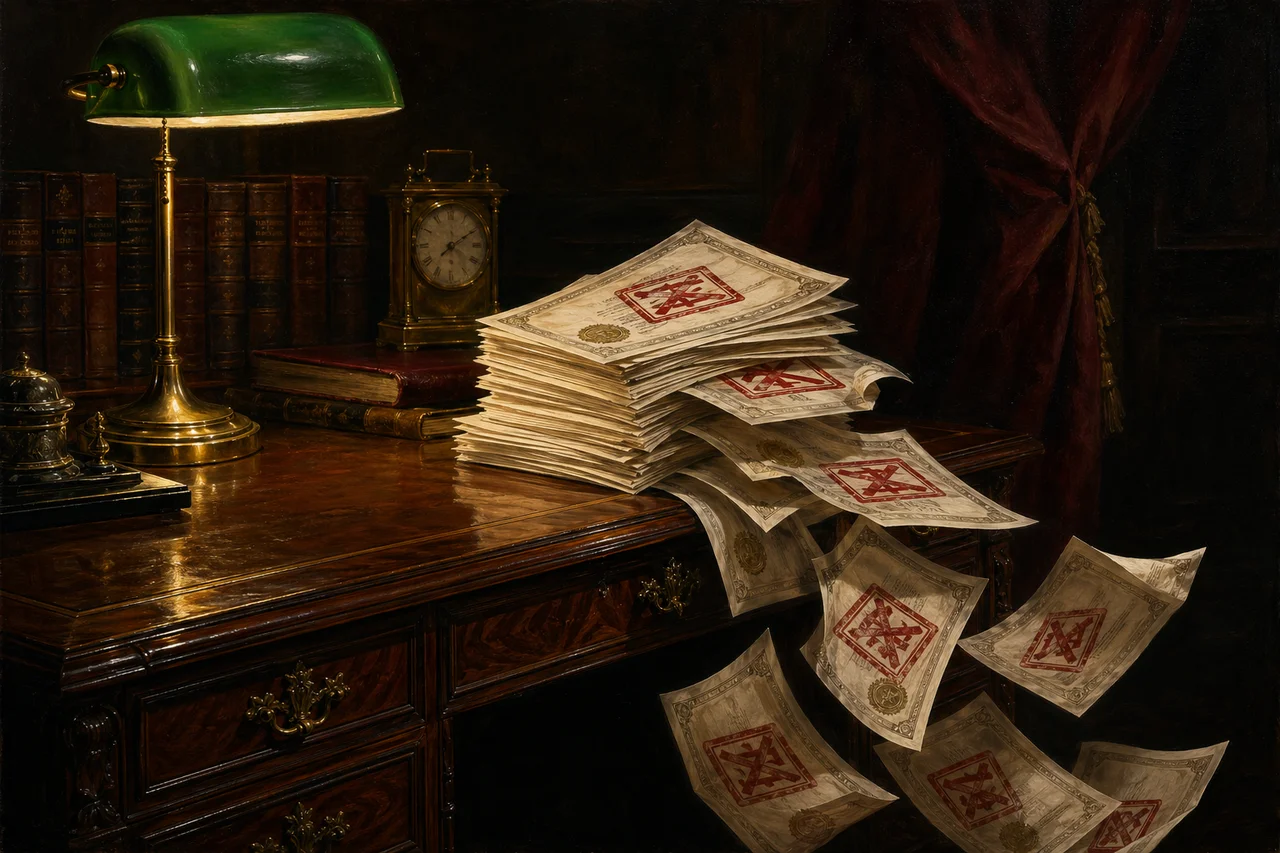 A stack of formal certified checks tumbling off a polished desk in dim diplomatic chamber light, each check stamped in red with a plain insufficient-funds mark, the paper edges curling