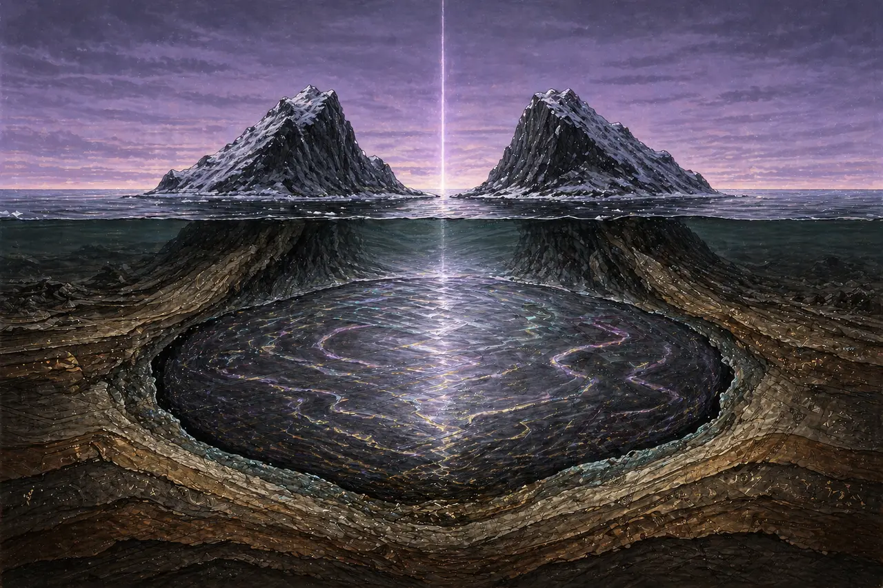 A cross-section view of the Bering Strait showing two rocky islands with an immense silver-black liquid pool pulsing faintly between and beneath them, the international date line drawn as a thin vertical glow overhead