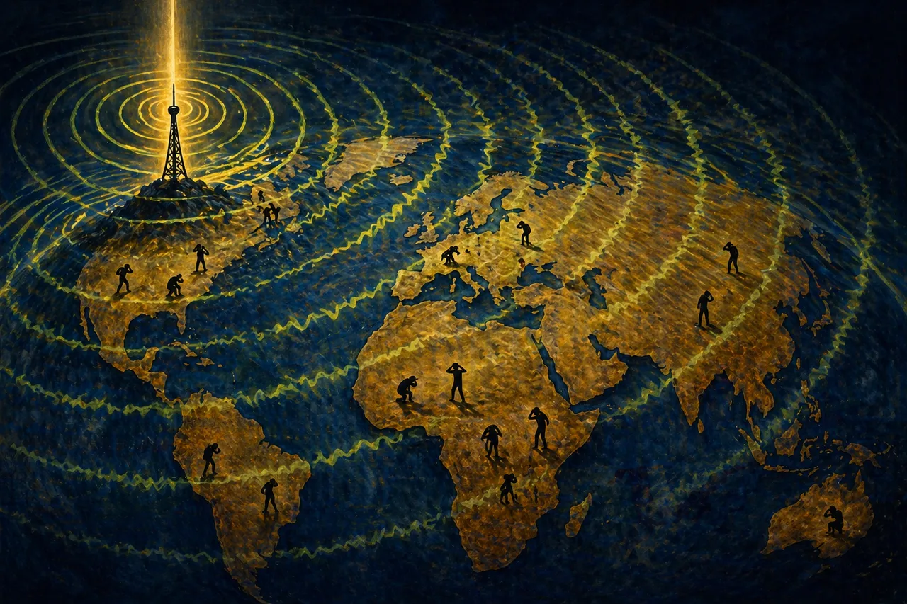 A globe wrapped in overlapping concentric radio waves emanating from a dark broadcasting tower, the waves tinted sickly green, with faint silhouettes of people holding their ears in different cities across the continents