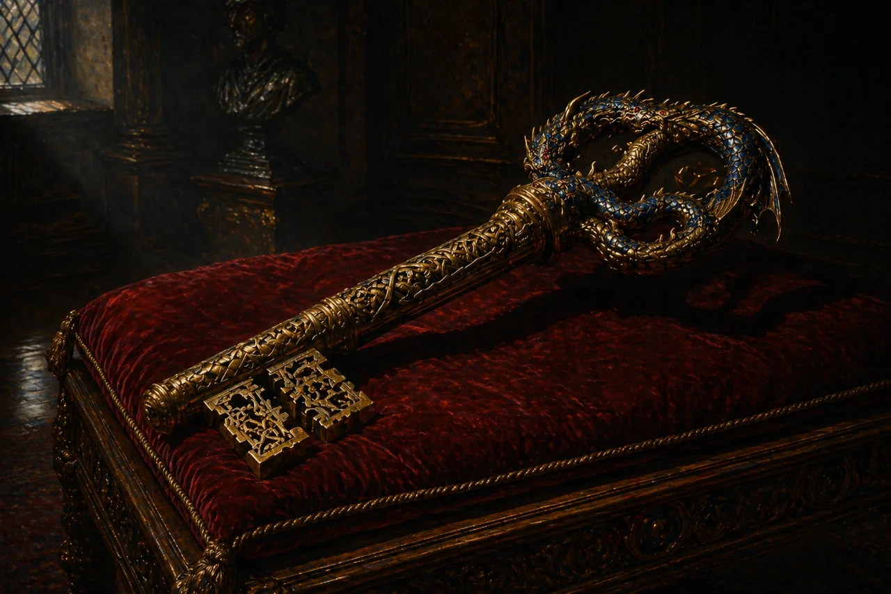 An ornate antique brass key engraved with a coiled blue dragon being presented on a velvet cushion in a dim London chamber, the key clearly oversized and ceremonial, casting long shadows that hint it fits no real lock