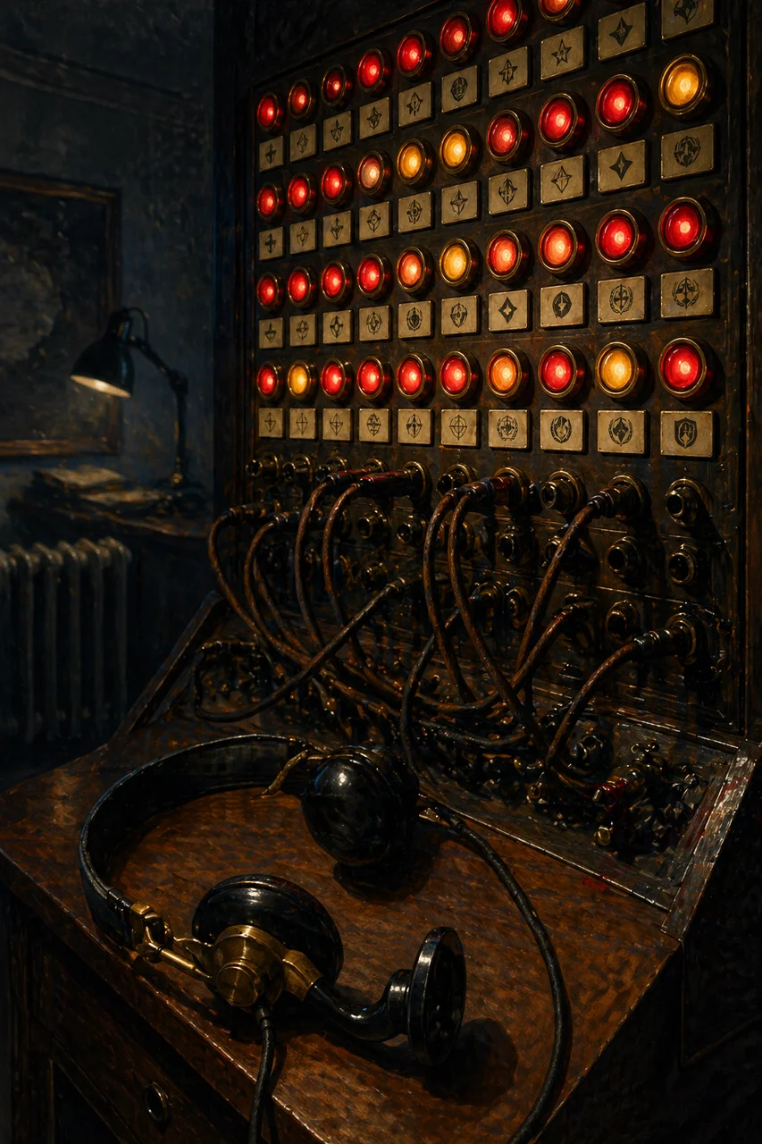 A vintage diplomatic switchboard at night with dozens of blinking lights and labeled keys reading White House, Treasury, GCHQ, ECB, every line illuminated in urgent red, a single headset resting untouched on the console