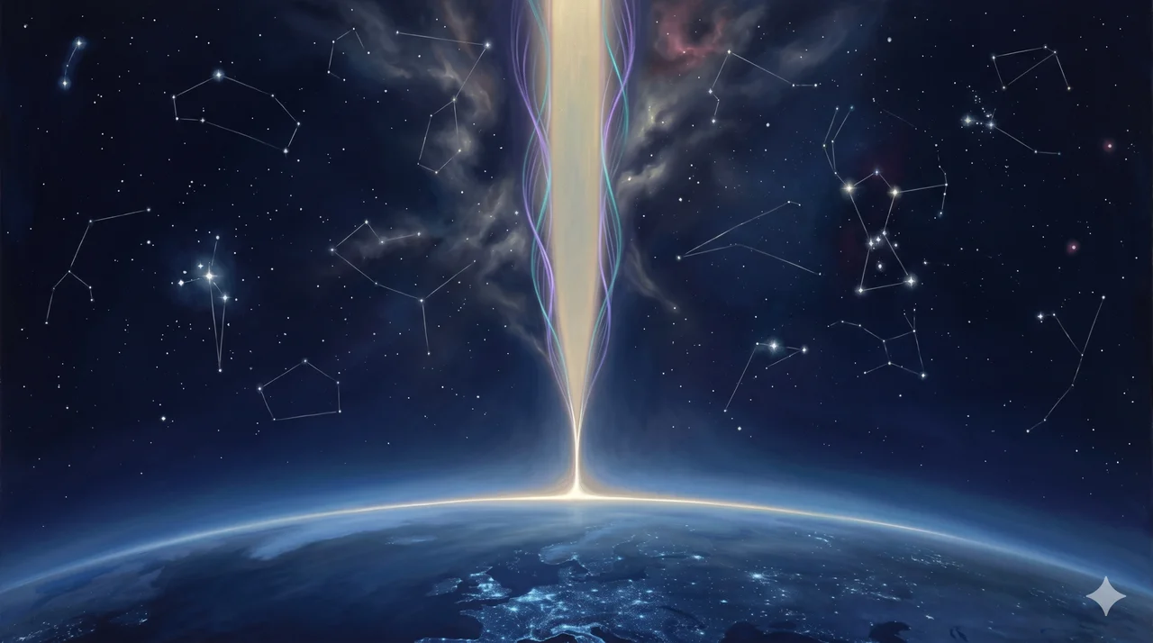 A deep indigo night sky with a slender corridor of light connecting several bright constellations down to a golden filament reaching the Earth's atmosphere, subtle photon ribbons threading through the darkness, majestic and rare in mood