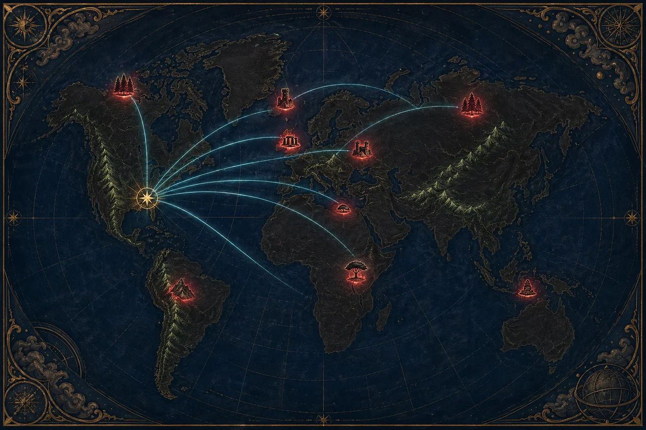 A world map at night with nine pulsing crimson beacons at castle ruins, stone circles, and remote reserves, faint energy arcs converging on a central control point on the American plains, the atmosphere clinical and ominous