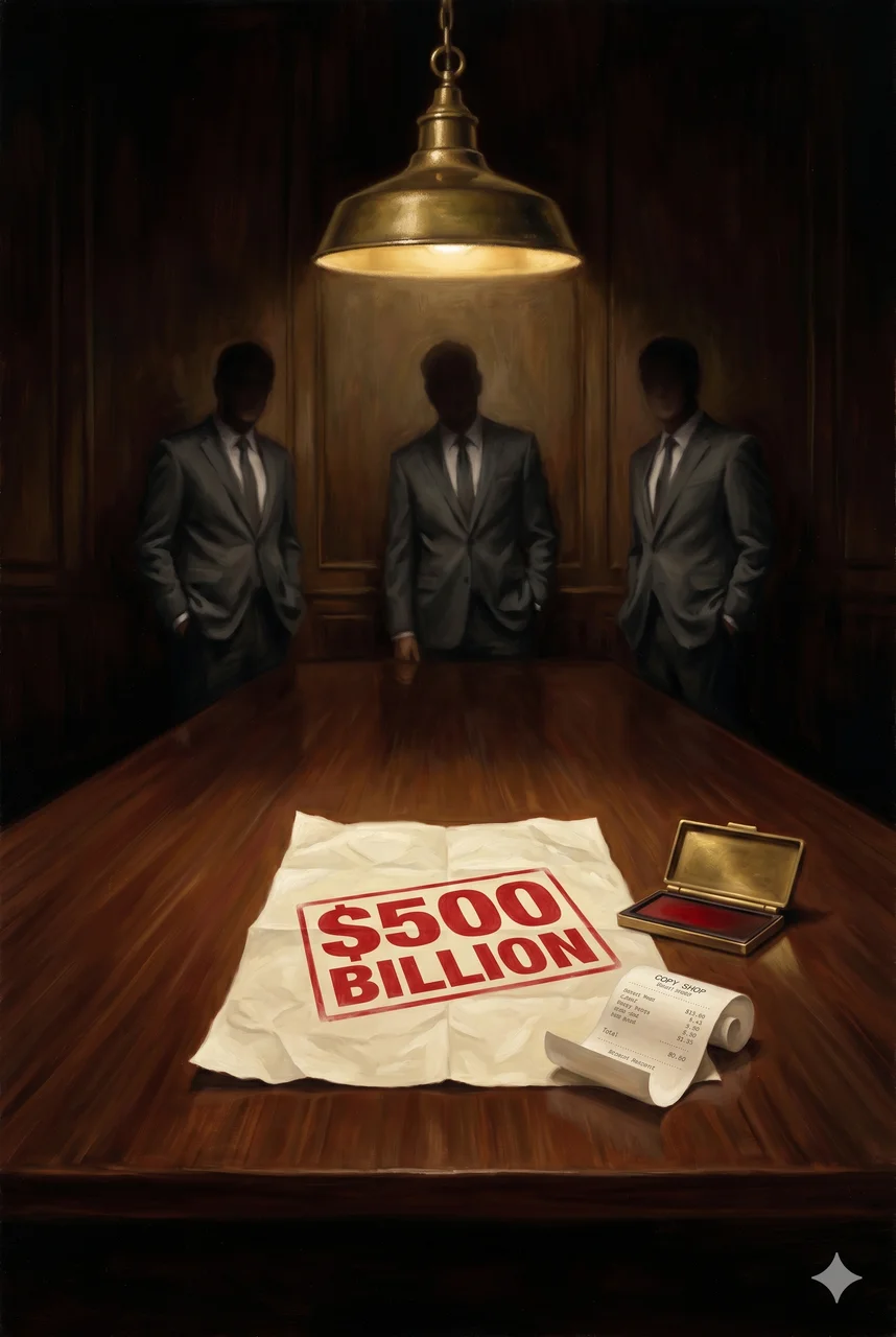 A single crumpled document on a polished boardroom table in gold-lit dim tones, the words 500 BILLION stamped in bold letters, a copy-shop receipt lying beside it, distant figures in suits looking on skeptically