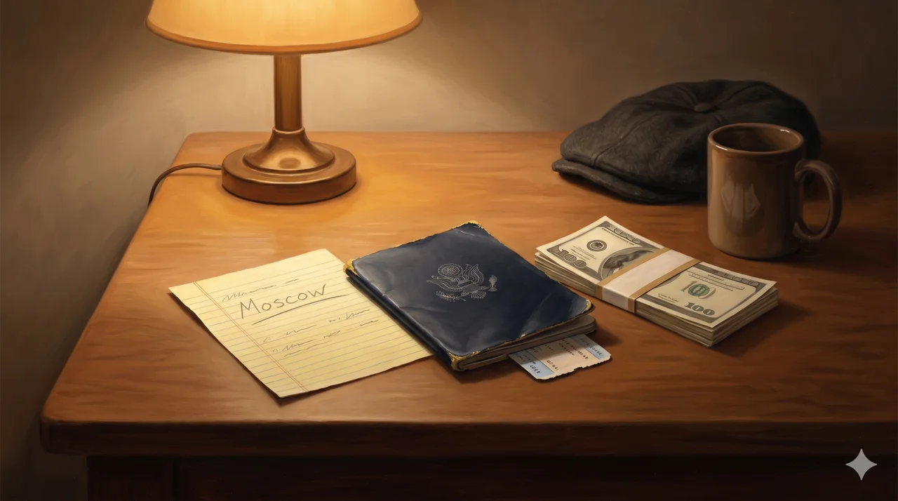A travel-worn passport beside a small stack of neatly folded hundred-dollar bills on a wooden table, a handwritten itinerary labeled Moscow, warm lamplight and a quiet look of determination implied by the scene