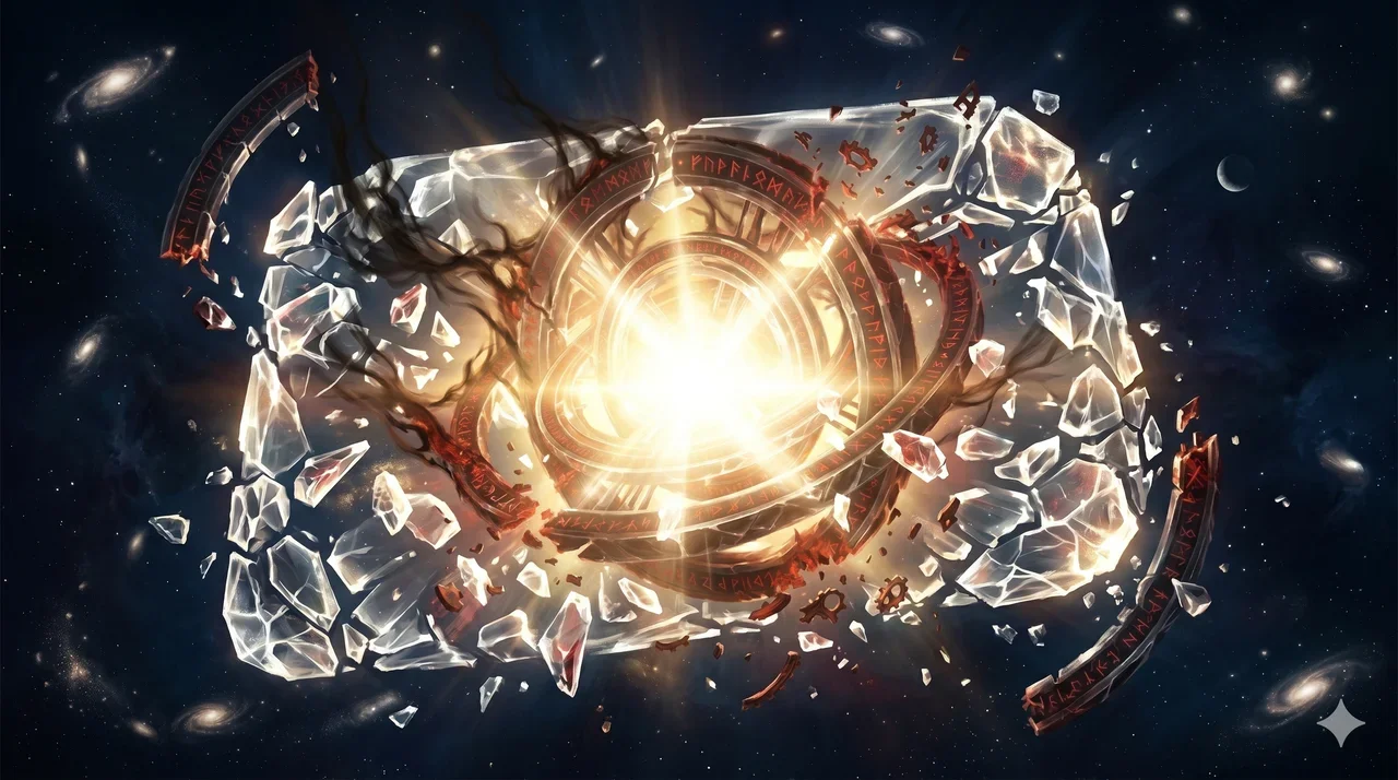 A shattered crystalline contract floating in deep space, with fragments drifting away from a bright central light, symbolizing the expiration of an ancient binding agreement