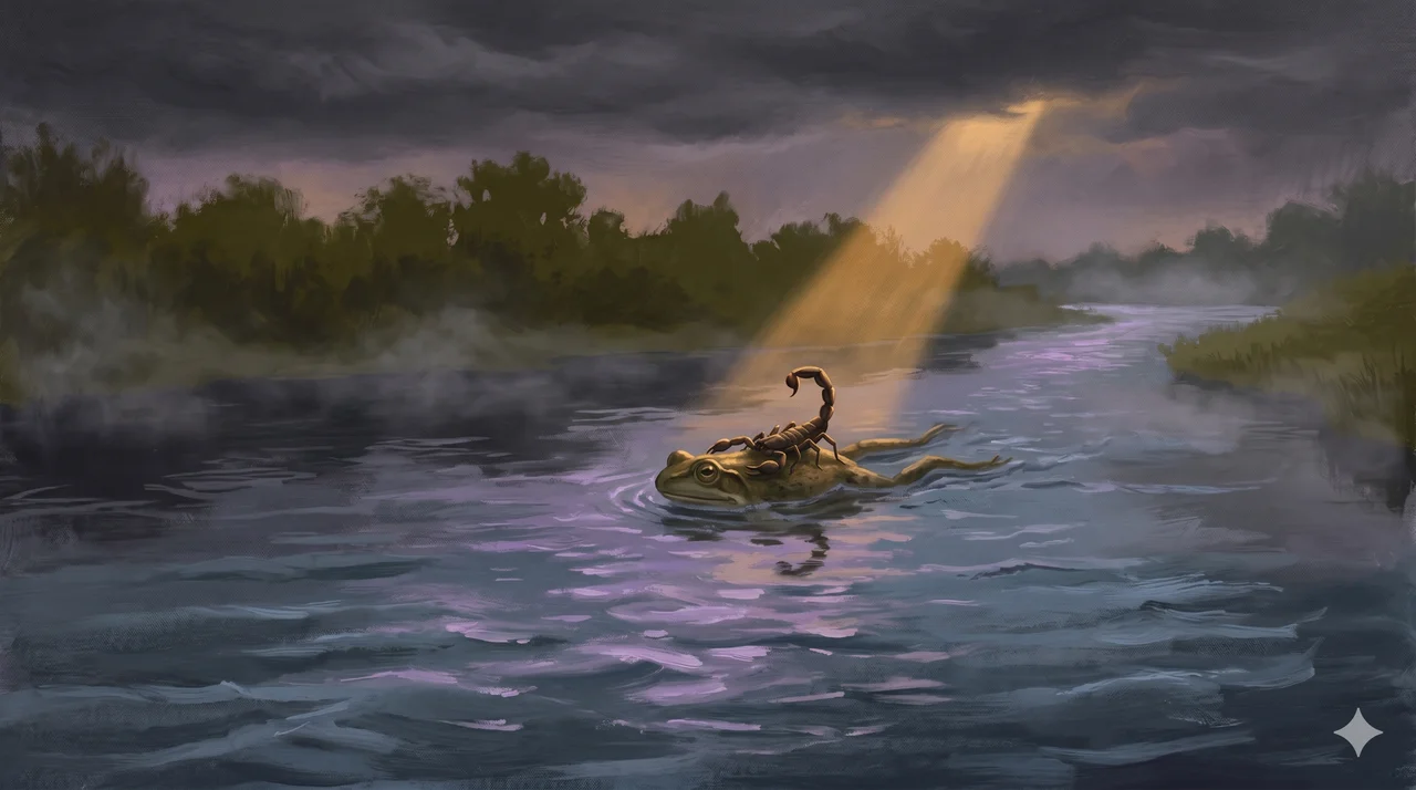 A scorpion clinging to a frog's back as the frog swims across a dark river, both figures suspended in ambiguous twilight