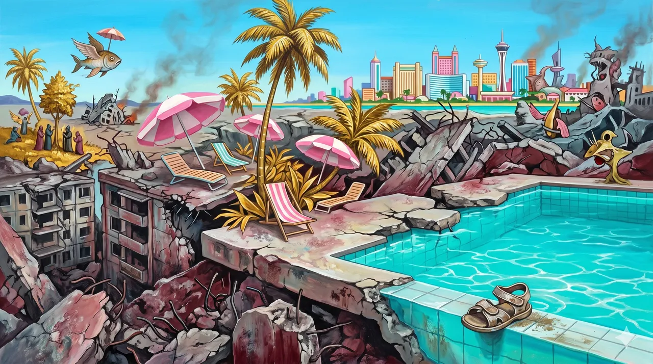 A glossy AI-generated resort scene rendered over the bombed silhouette of Gaza, golden palms and beach umbrellas planted in rubble