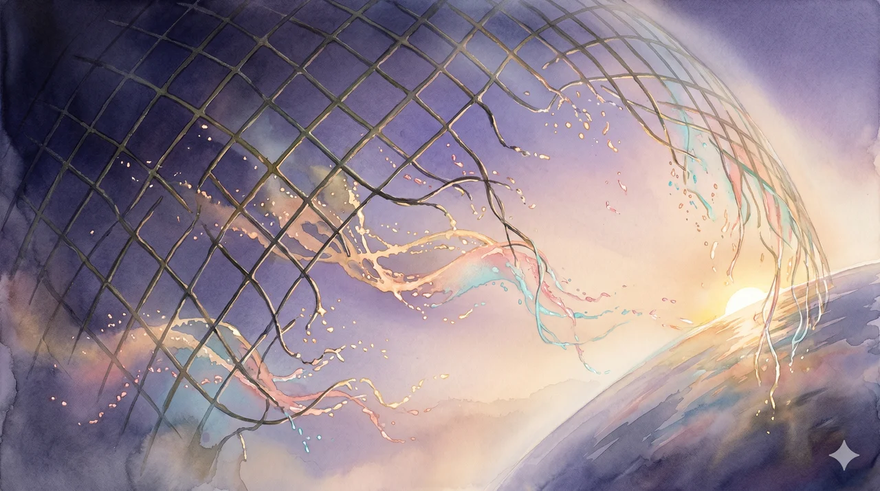 A planetary lattice of dark energy lines visibly thinning and dissolving into particles of light, revealing clearer sky beneath