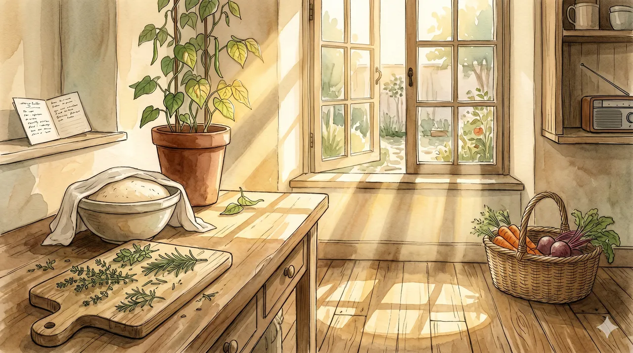 A person tending plants in a kitchen, with soft golden light streaming through the window, representing everyday creative acts as channels to Source