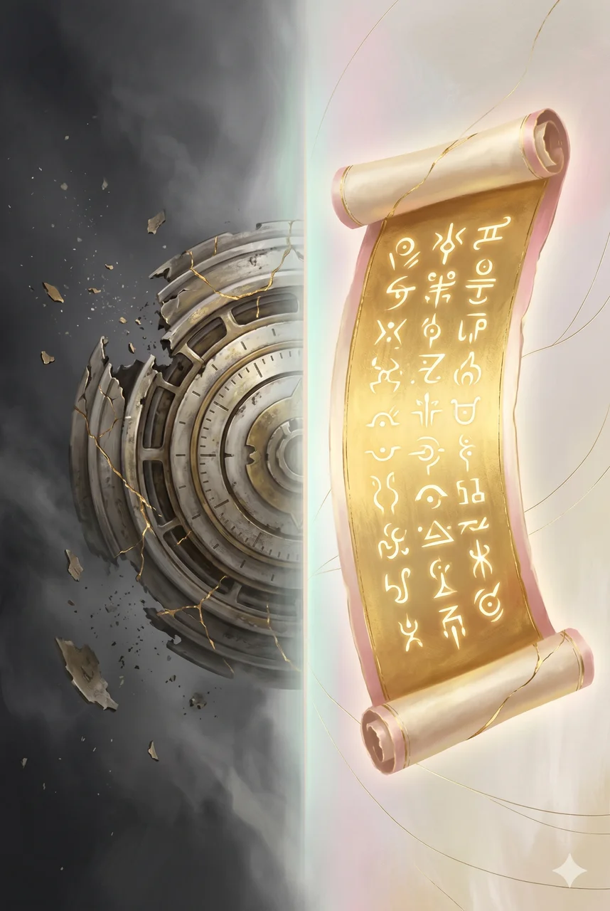 A radiant golden scroll written in light-language characters, replacing an older dim rotating cryptex ring structure