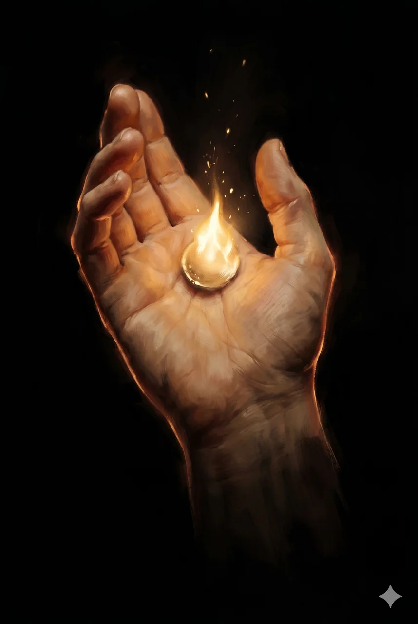 A cupped human hand holding a small, bright spark of golden flame against a dark background, as if protecting and feeding it