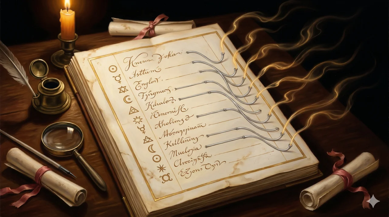 A vertical ledger page inscribed in gold and black ink listing Love, Faith, Wisdom, Life, Breath, Consciousness, Joy, each with a thin siphon tube drawing a small curl of golden light out toward the margin