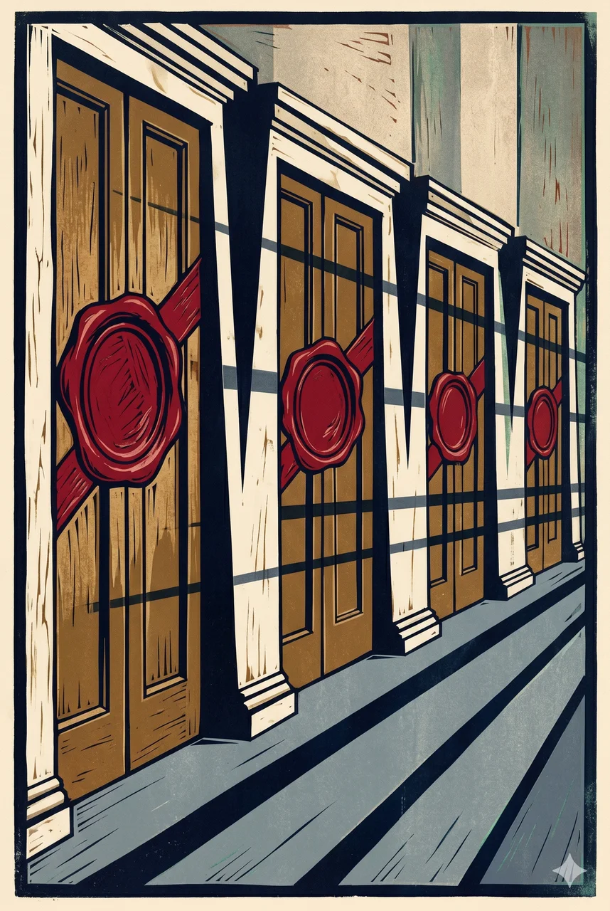 A series of bank lobby doors in Switzerland and New York, each marked with a red 'access denied' seal, arranged in a sequential timeline