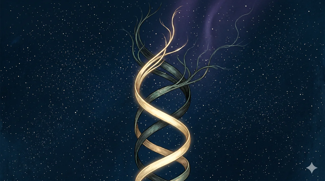A double-helix of intertwined dark and light sine waves unraveling at one end into loose disordered strands, fading against a deep cosmic background