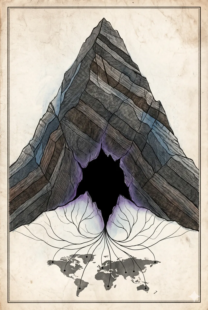 Cross-section illustration of Cheyenne Mountain showing a dark portal at its base connecting through tunnel networks to points across the western United States
