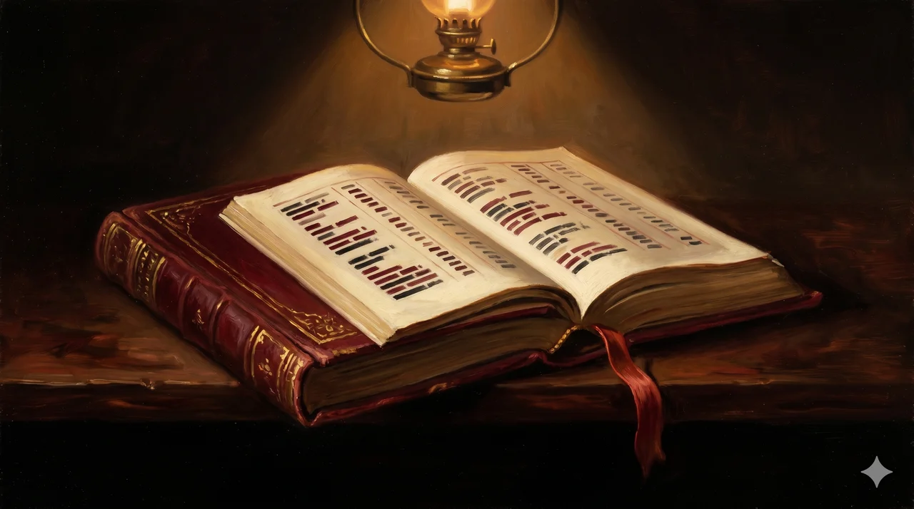 A leather-bound red ledger book lying open on a dark desk, pages filled with entries listing global asset locations, lit from above by a single lamp