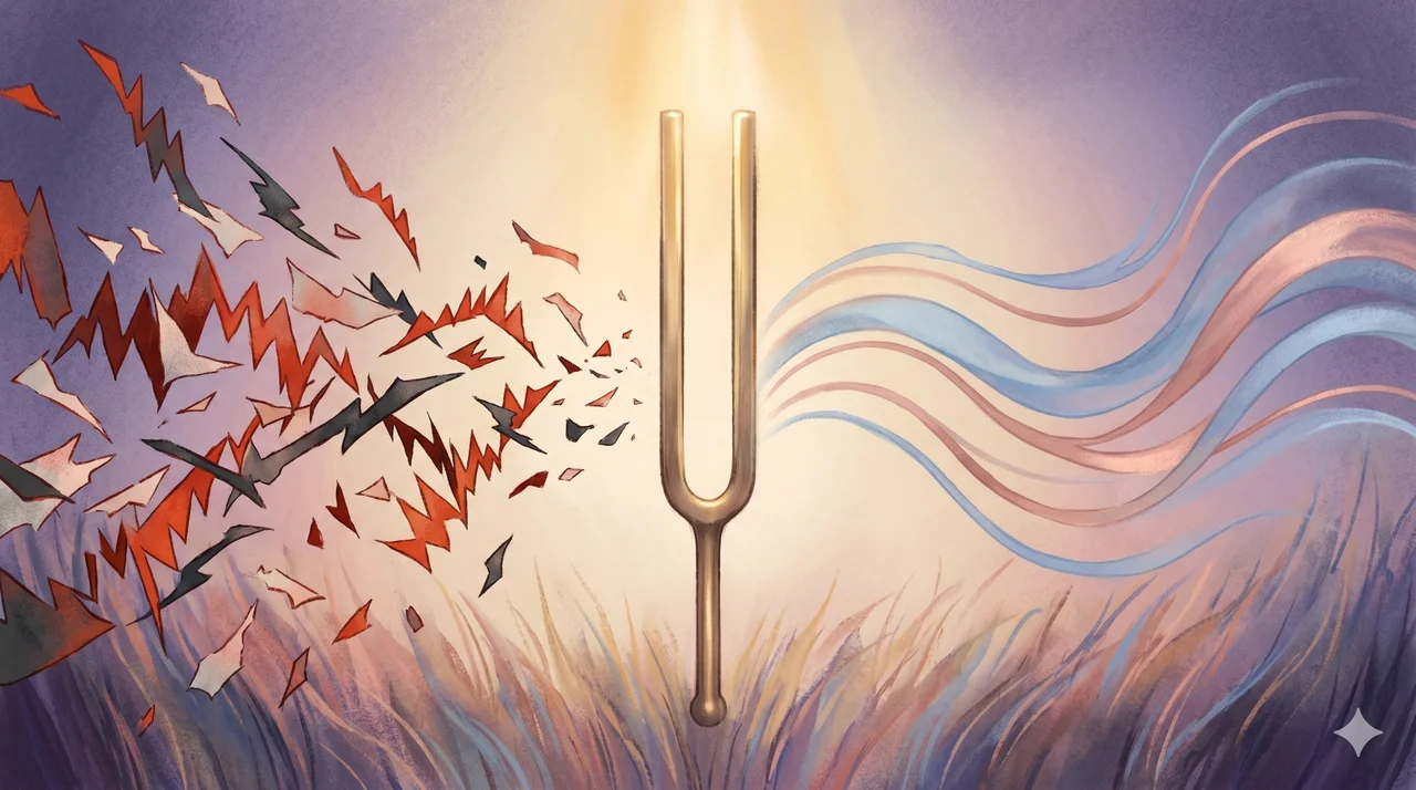 A tuning fork vibrating in warm gold light, with disordered jagged waves on one side dissolving into smooth flowing sine waves on the other