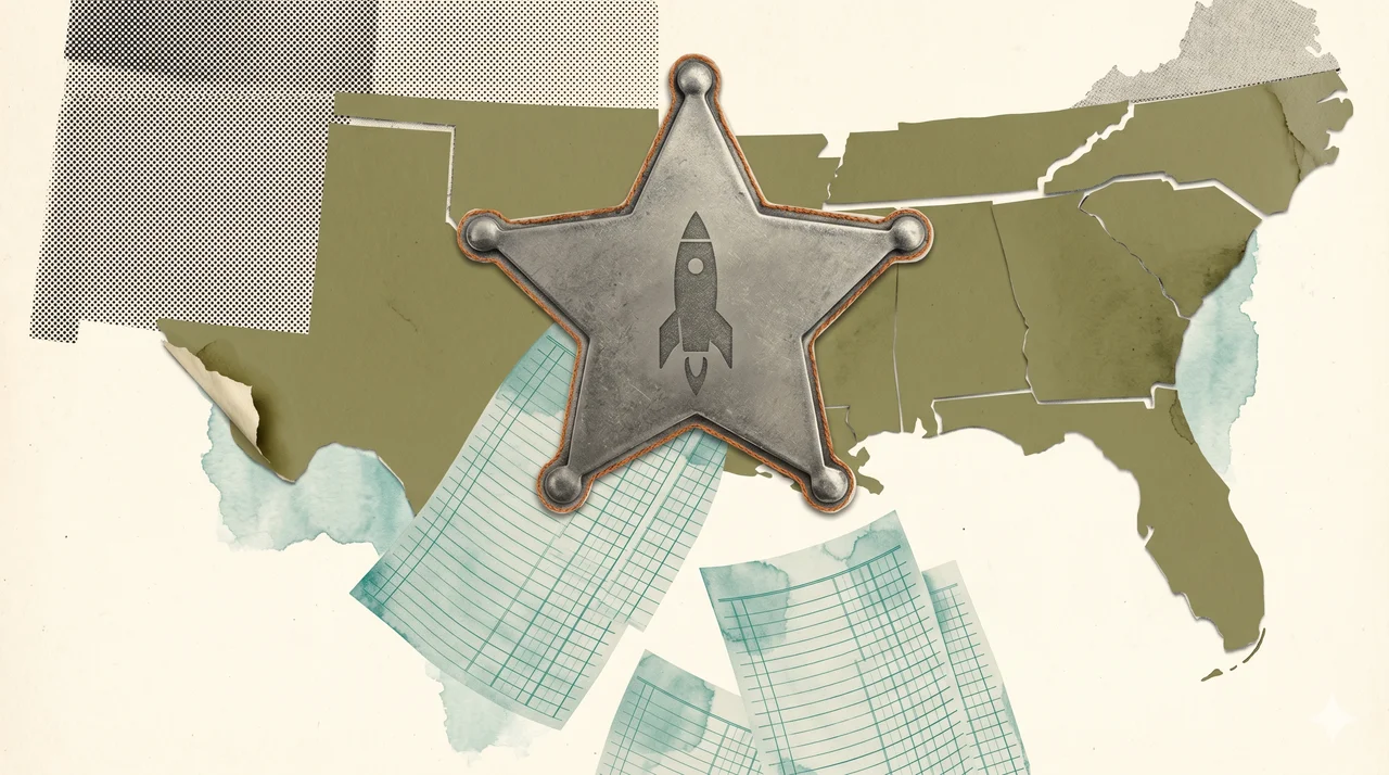 A Space Force emblem superimposed over a map of Alabama, with empty budget ledgers drifting in the background, evoking a hollow political promise