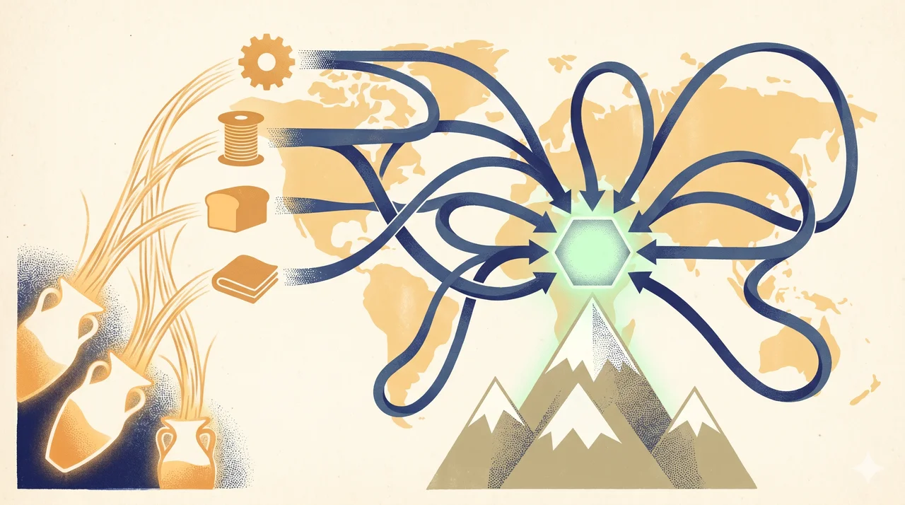 A stylized diagram showing creative energy flowing from human hands into crafted products, then traveling along shipping routes toward a glowing central node in Switzerland