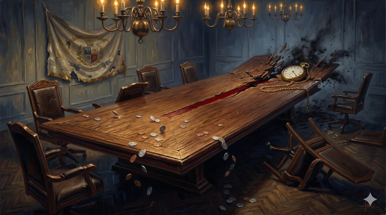 A crumbling boardroom table with shadowed figures walking away, coins scattered on the floor